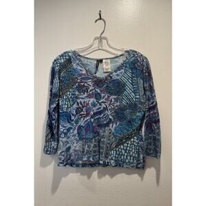 Forbidden Size Small 3/4 Sleeve V Neck Beaded Blue Purple Top Tee Floral Y2K